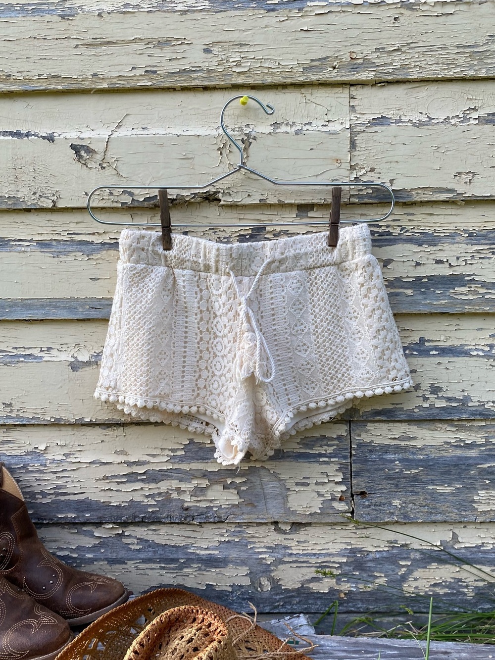 Crochet Pom-Trim Drawstring Shorts